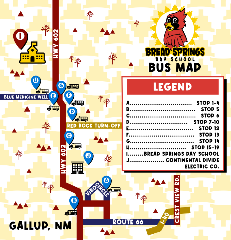 A colorful map showing bus route #1 for the Bread Springs Day School.