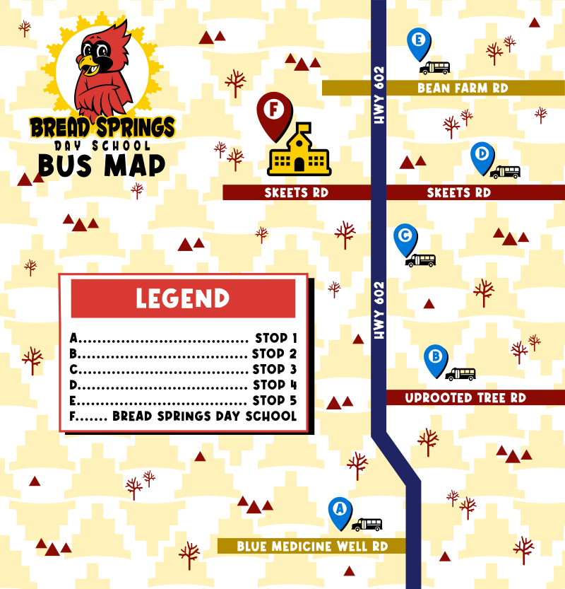 A colorful map showing bus route #2 for the Bread Springs Day School.