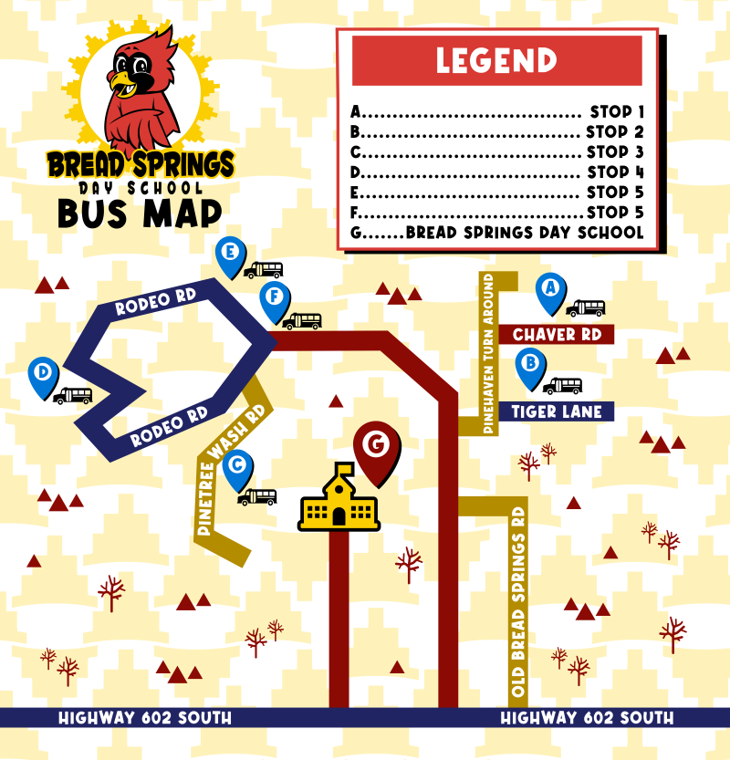 A colorful map showing bus route #3 for the Bread Springs Day School.