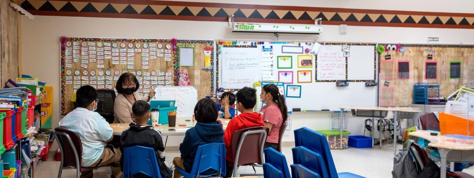Teacher instructing students while sitting around table in classroom